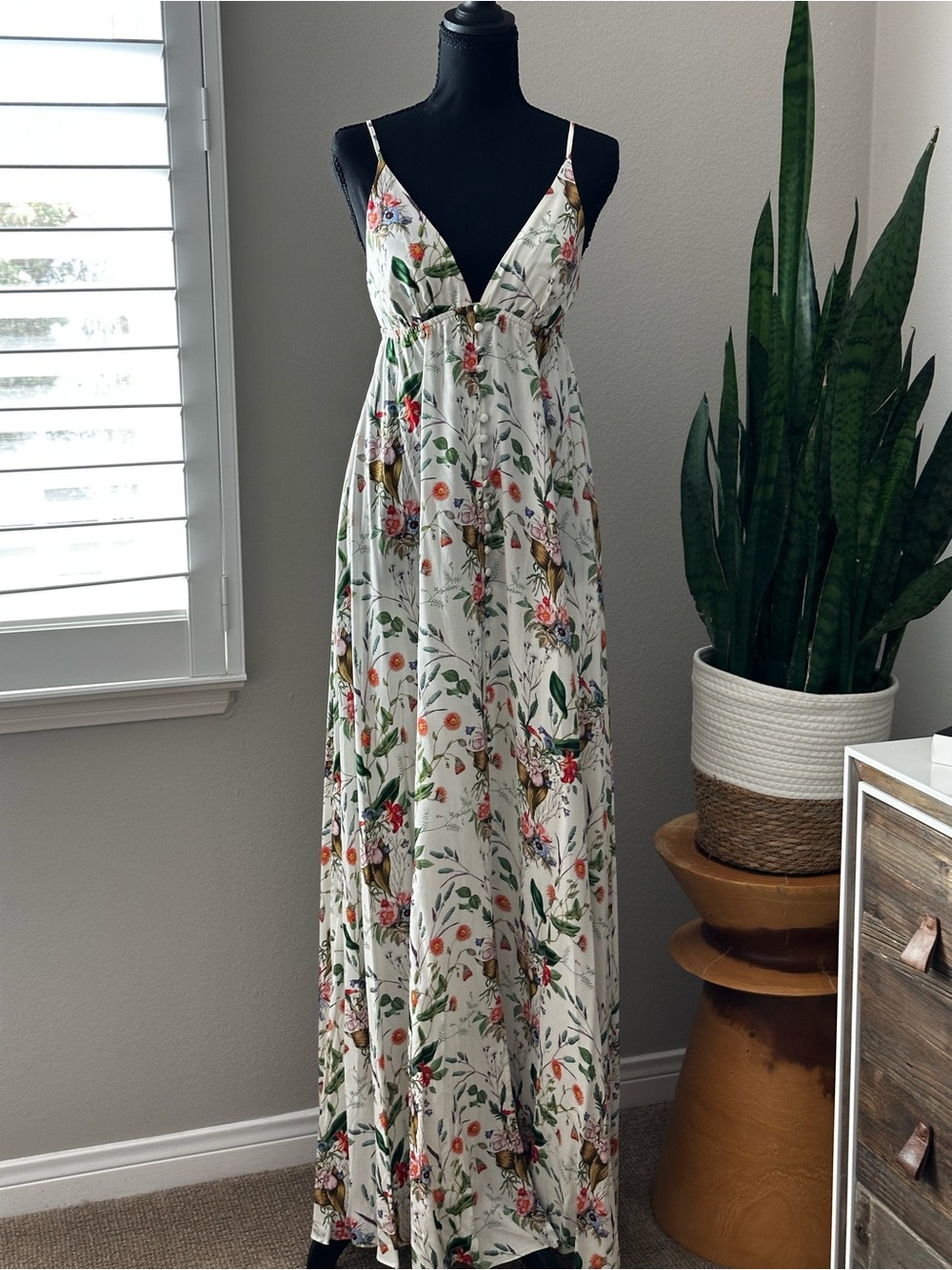 L'AGENCE Cream Maxi Dress with Floral & Botanical Print-NVR worn